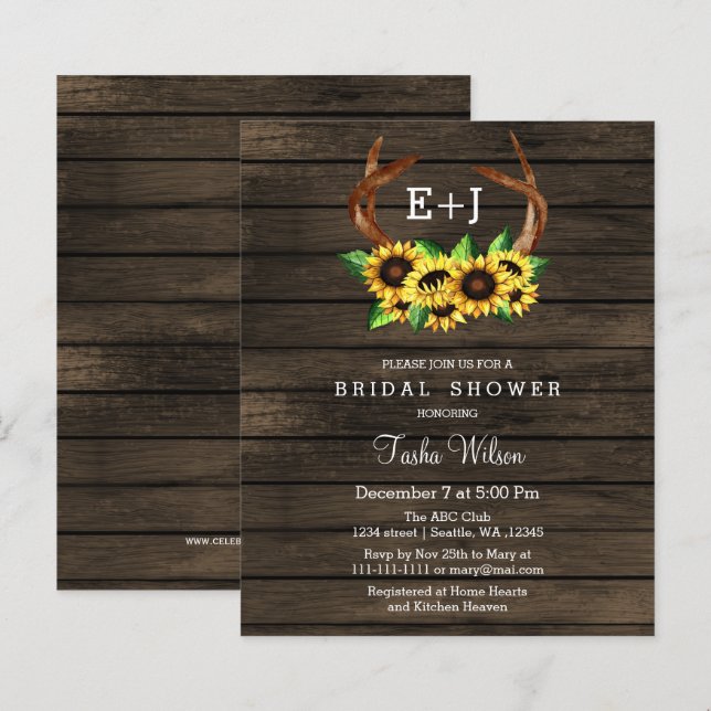 Budget Sonnenblumen Antlers Bridal Dusche Einladun (Vorne/Hinten)