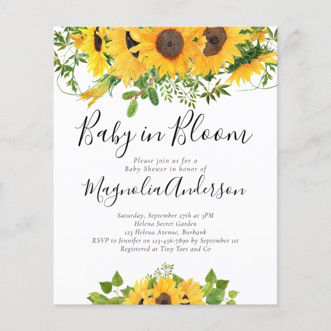 BUDGET Sonnenblumen Baby in Blütendusche Einladung (Vorderseite)