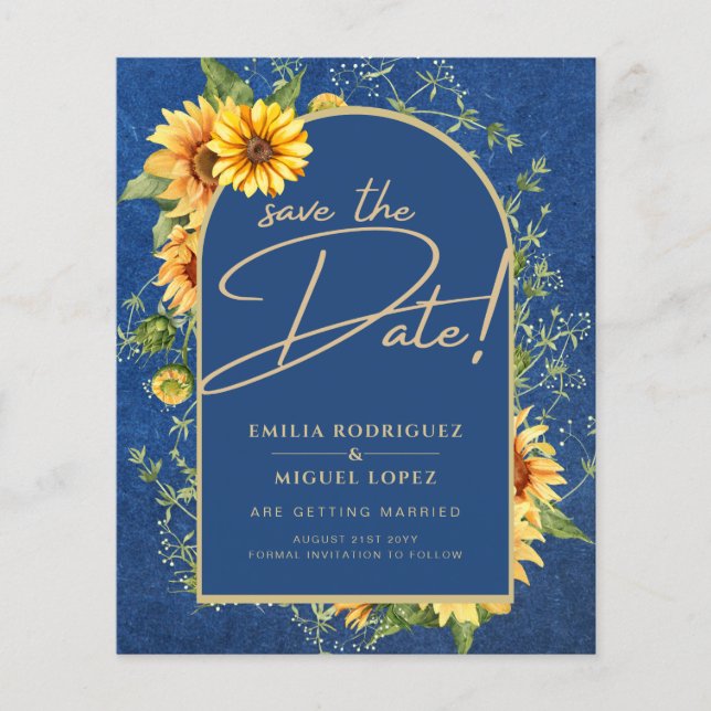 BUDGET Sonnenblumen BLAU Hochzeit speichern das Da Flyer (Vorne)