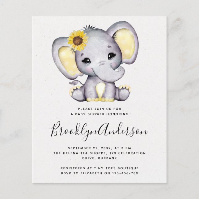 BUDGET Sonnenblumen Elephant Baby Dusche Einladung (Vorderseite)