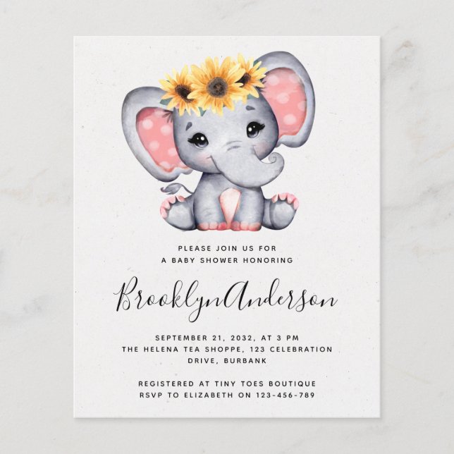 BUDGET Sonnenblumen Elephant Baby Dusche Einladung (Vorderseite)