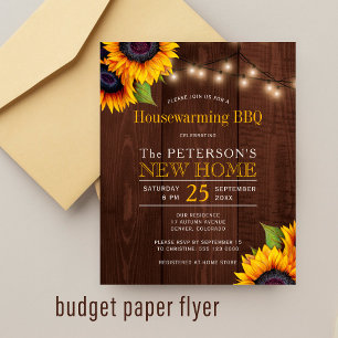 Budget-Sonnenblumen fallen Haus-Einweihung BBQ-Ein Flyer