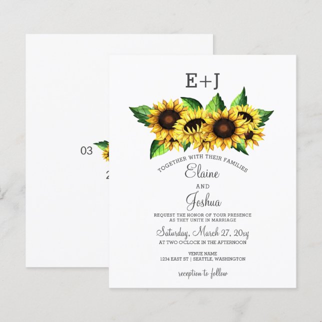 Budget Sonnenblumen Land Hochzeit Einladung (Vorne/Hinten)