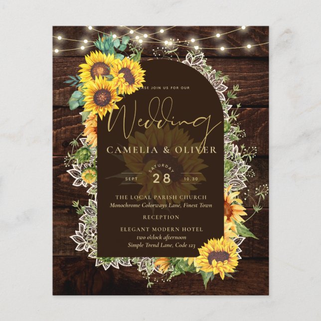 BUDGET Sonnenblumen Lights Lace Wedding INVITE Flyer (Vorne)