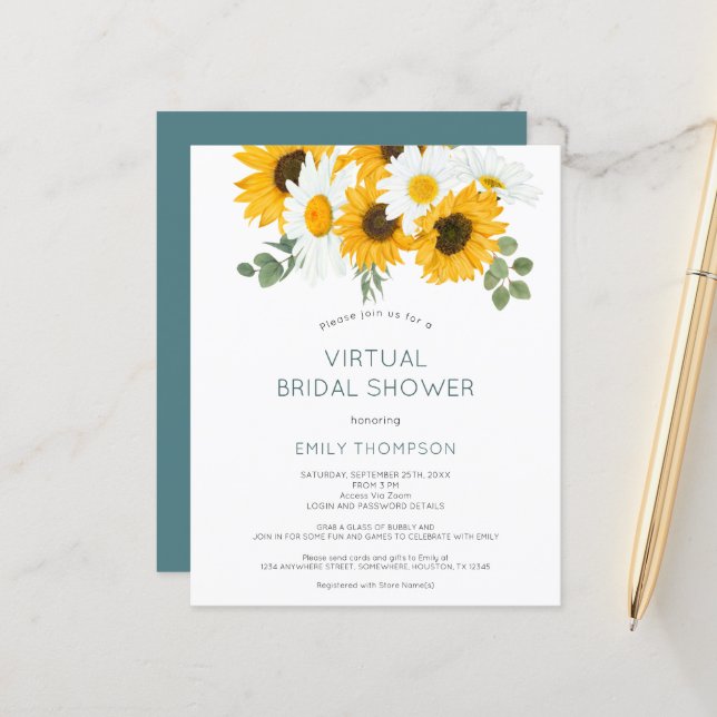 Budget Sonnenblumen Virtual Bridal Dusche Einladun (Vorderseite/Rückseite Beispiel)