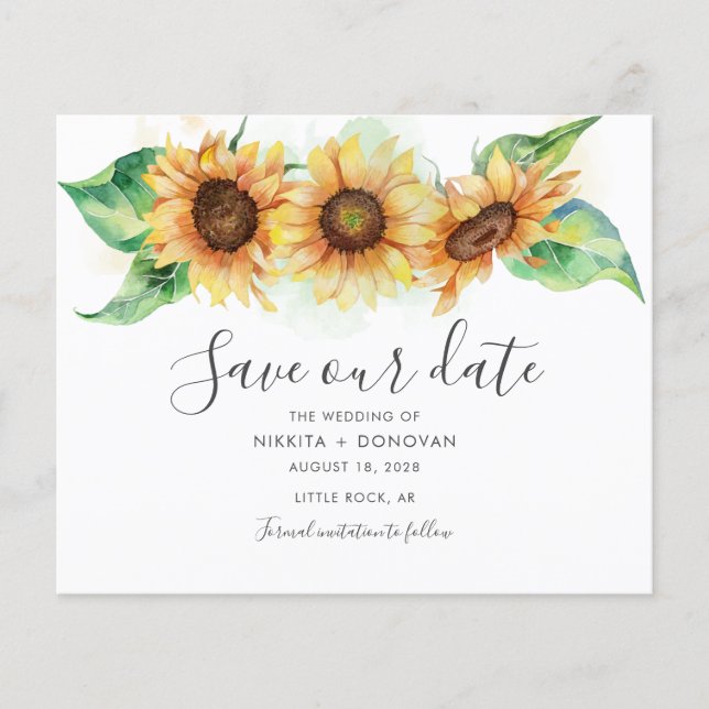 Budget Sonnenblumenwasser Hochzeit speichern Datum (Vorderseite)