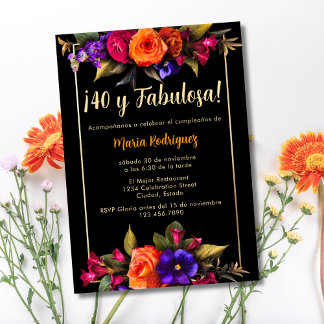 Budget Spanisch Elegant Florals Black 40. Geburtst Einladung