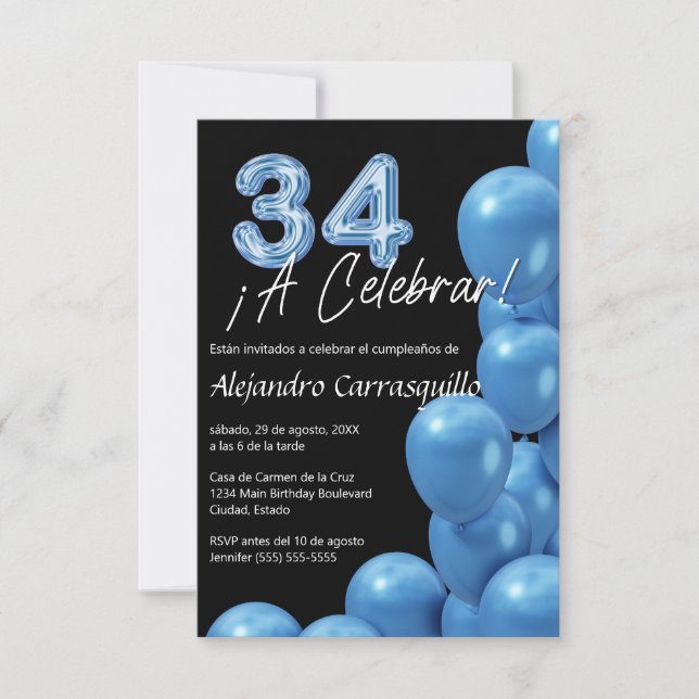 Budget Spanish Blue Balloons Black 34. Geburtstag Einladung (Vorderseite)