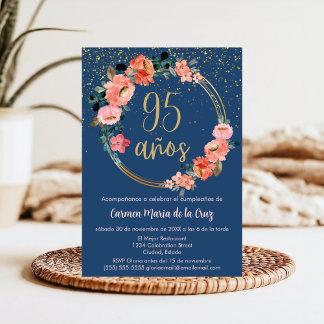 Budget Spanish Blue Elegant Floral 95. Geburtstag Einladung