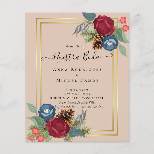 BUDGET Spanish Wedding Nuestra BODA Burgundy Blue Flyer (Vorne)