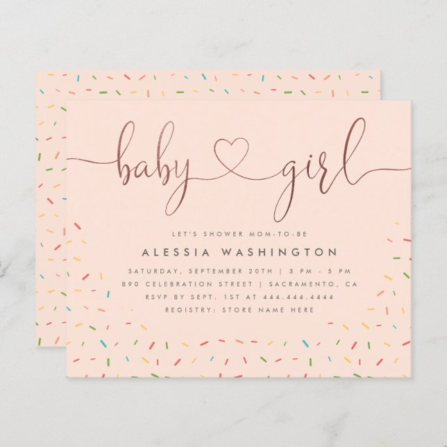 Budget Sprinkle Rose Gold Script Girl Baby Dusche (Vorne/Hinten)