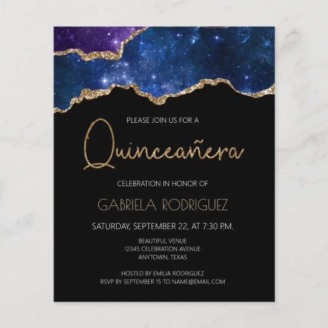 Budget Starry Agate Geode Quinceañera Einladung (Vorderseite)