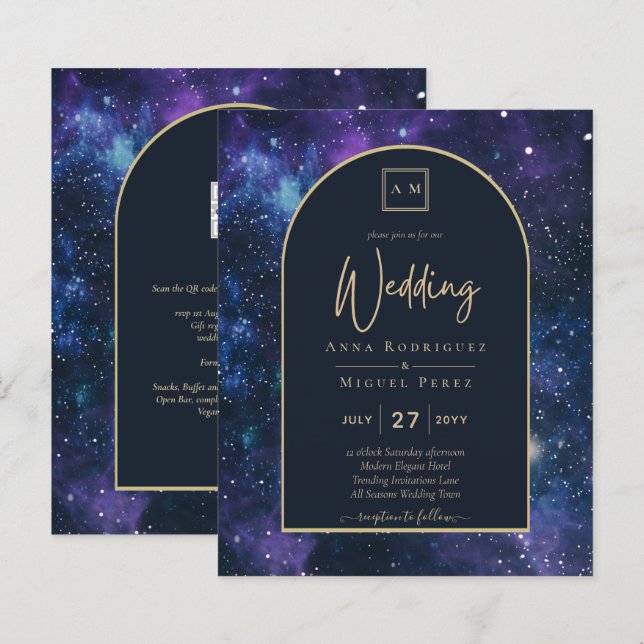 BUDGET Starry Night Lila Blue Wedding INVITE (Vorne/Hinten)