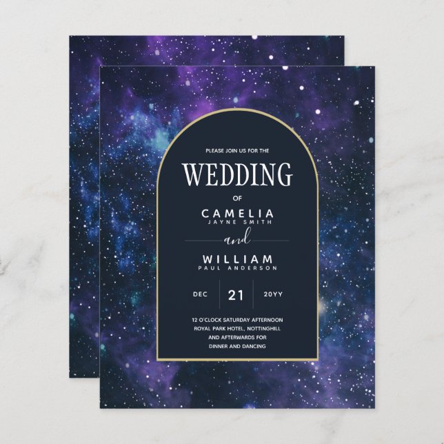 BUDGET Starry Night Lila Blue Wedding INVITE (Vorne/Hinten)