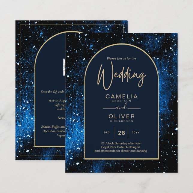 BUDGET Starry Night Navy Blue Gold Hochzeit INVITE (Vorne/Hinten)