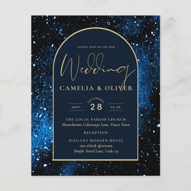 BUDGET Starry Night Navy Blue Gold Hochzeit INVITE Flyer (Vorne)