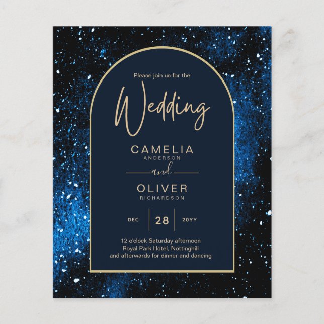 BUDGET Starry Night Navy Blue Gold Hochzeit INVITE Flyer (Vorne)
