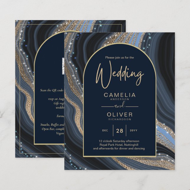 BUDGET Starry Night Navy Gold Agate Wedding INVITE (Vorne/Hinten)