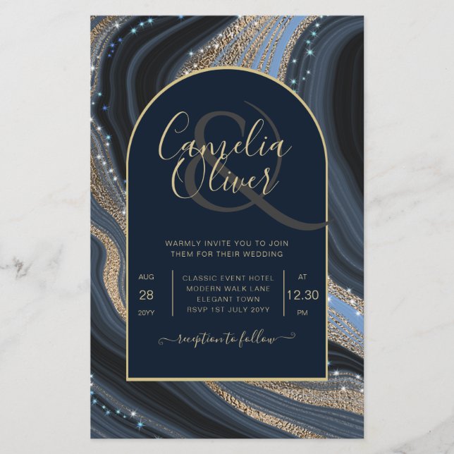 BUDGET Starry Night Navy Gold Agate Wedding INVITE Flyer (Vorne)