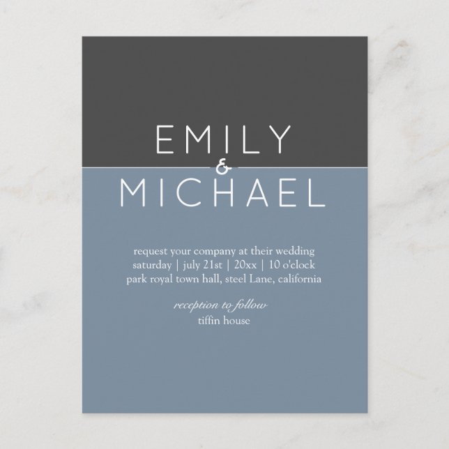 Budget Steel Blue Modern Wedding Einladung Postkarte (Vorderseite)
