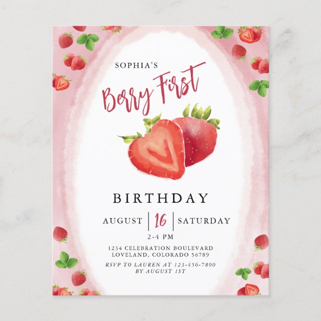 Budget Strawberry Berry Erster Geburtstag Einladun (Vorderseite)