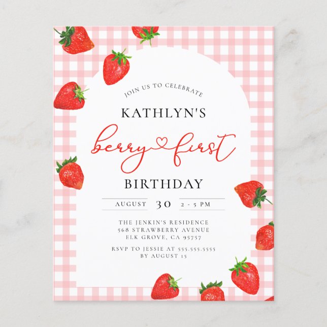 Budget Strawberry Birthday Berry Erste Einladung (Vorderseite)
