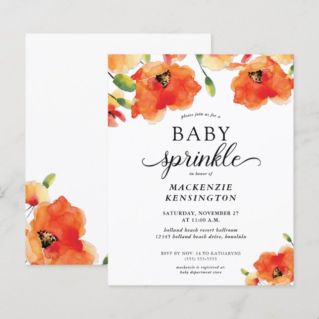 Budget Summer Poppy Baby Sprinkle Einladung (Vorne/Hinten)