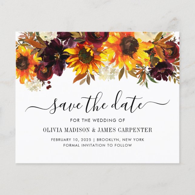 Budget Sunflower Burgundy Floral Save the Date (Vorderseite)