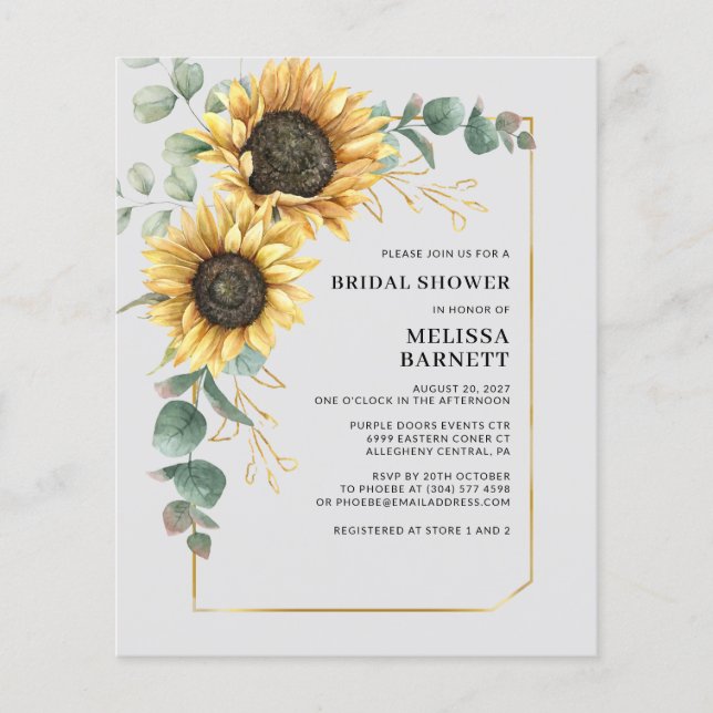 Budget Sunflower Eucalyptus Brautparty Einladung (Vorderseite)