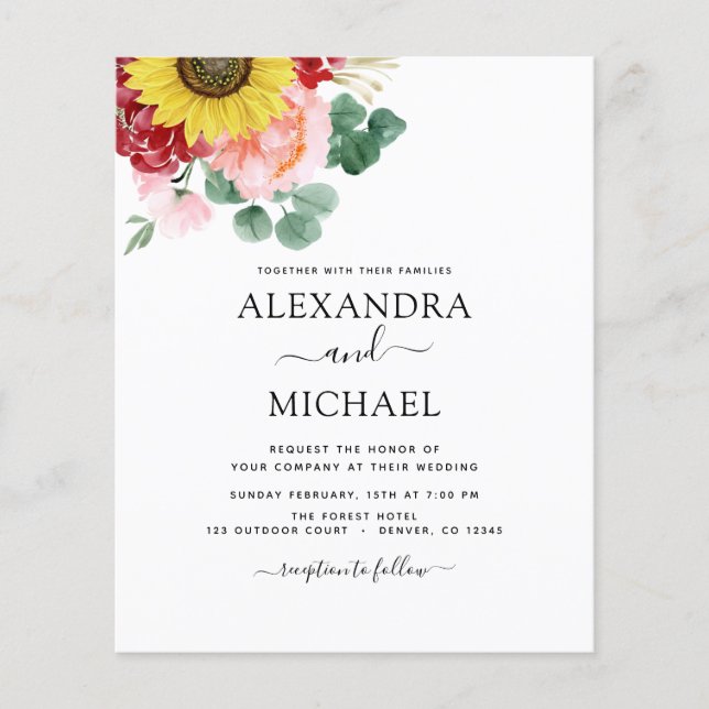 Budget Sunflower Eukalyptus Country Wedding Flyer (Vorne)