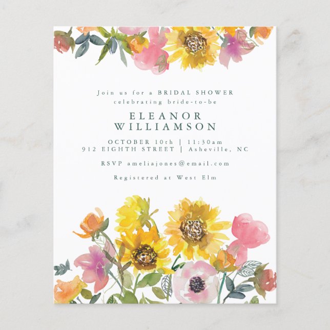 Budget Sunflower Watercolor Brautparty Einladung (Vorderseite)