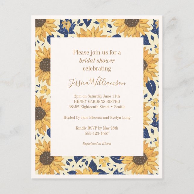 Budget Sunflower Yellow Blue Brautparty Einladung (Vorderseite)