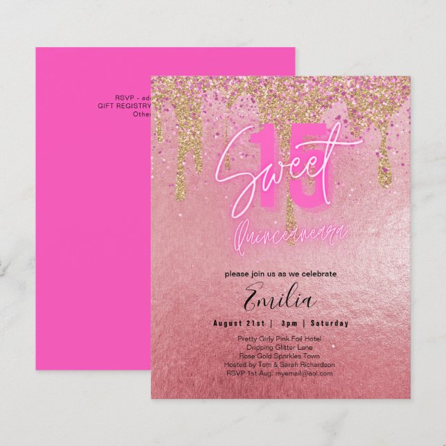 Budget Sweet 15 Rosa Glitzer Foil Quinceanera Glam (Vorne/Hinten)