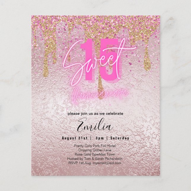 Budget Sweet 15 Rosa Glitzer Foil Quinceanera Glam Flyer (Vorne)