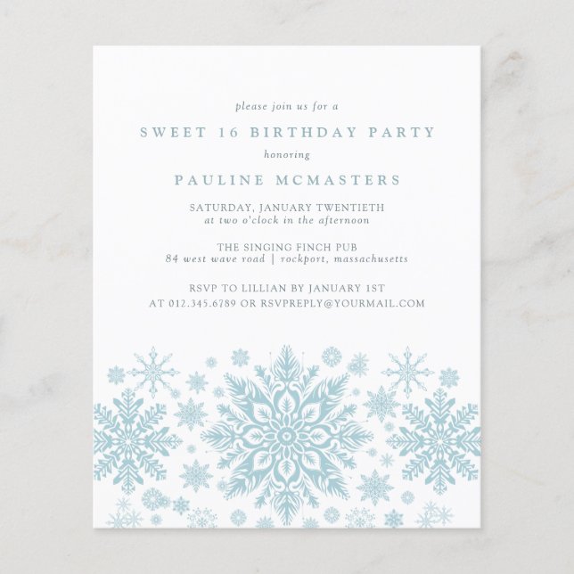 BUDGET Sweet 16 Birthday Blue Snowflake Einladung (Vorderseite)