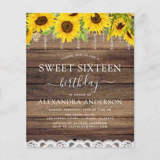 Budget Sweet 16 Birthday Sonnenblumen Einladung Flyer (Vorne)