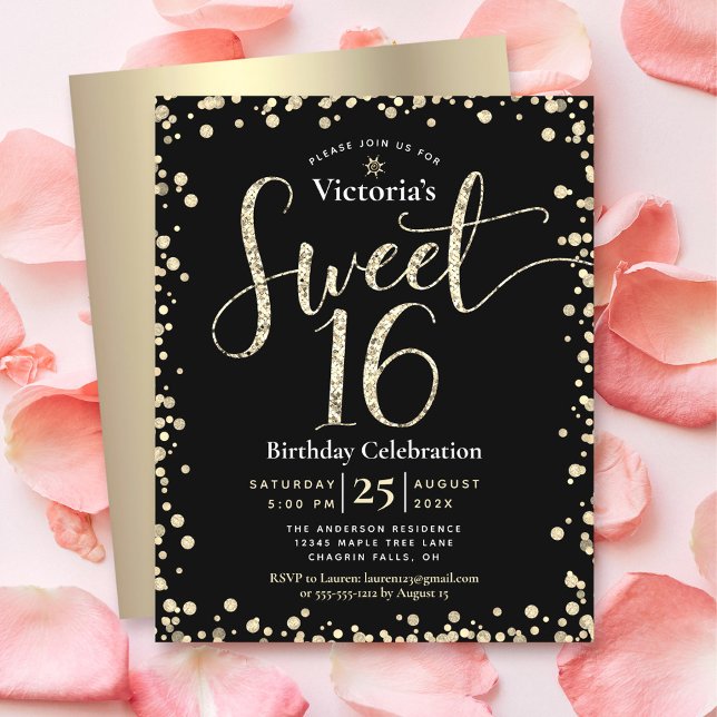 Budget Sweet 16 Black Gold Glitzer Chic Einladung (Von Creator hochgeladen)