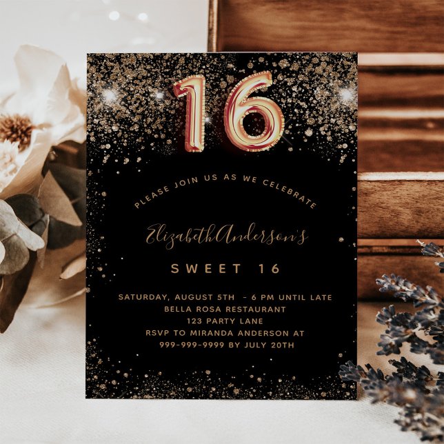 Budget Sweet 16 Black Gold Glitzer Einladung (Von Creator hochgeladen)