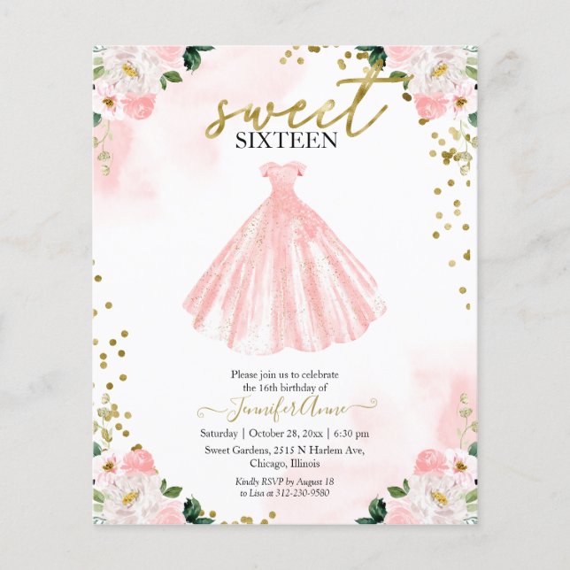 Budget Sweet 16 Blush Blumenrosa Kleid Einladung (Vorderseite)