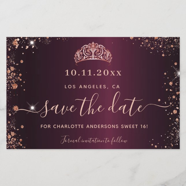 Budget Sweet 16 burgundy Rose Gold Save the Date (Vorderseite)