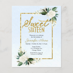 Budget Sweet 16 Einladung Blumenblut auf Dusty Blu