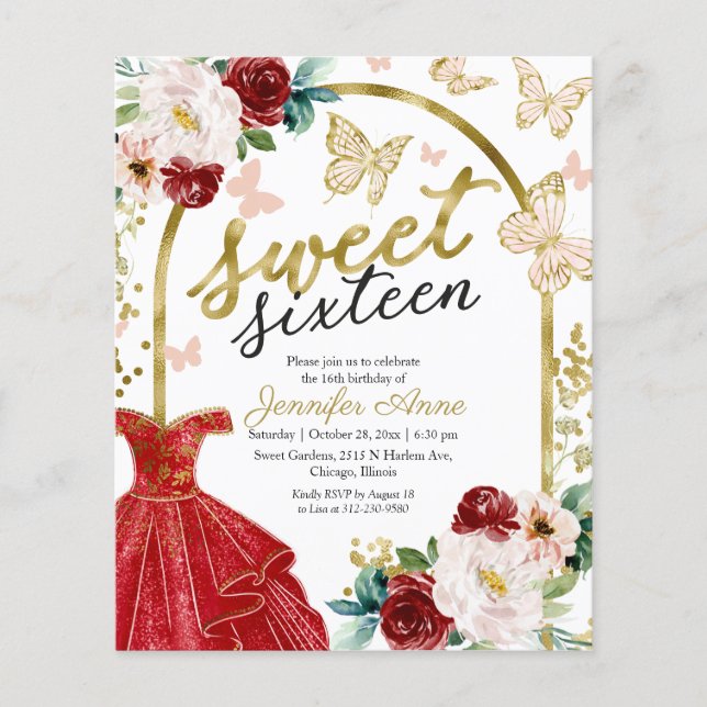 Budget Sweet 16 Einladung Blumenkleid Schmetterlin (Vorderseite)