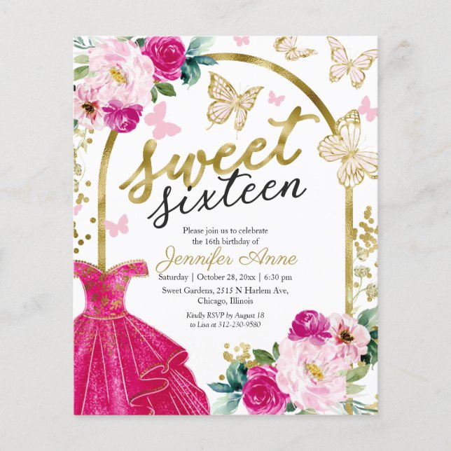 Budget Sweet 16 Einladung Blumenkleid Schmetterlin (Vorderseite)