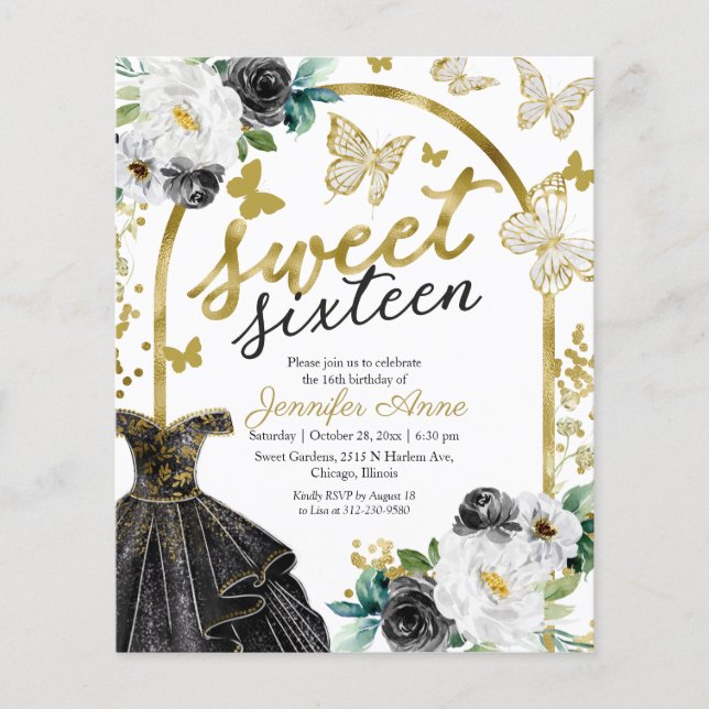 Budget Sweet 16 Einladung Blumenkleid Schmetterlin (Vorderseite)