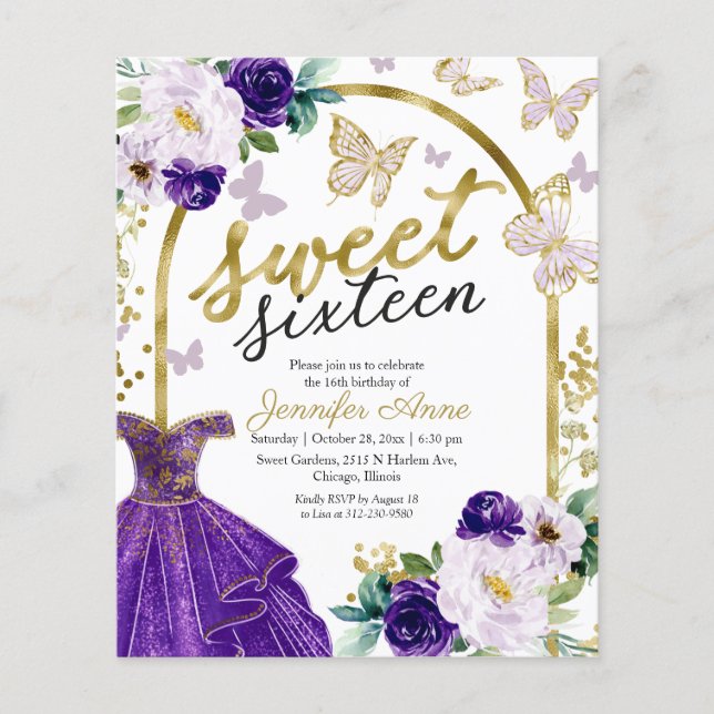 Budget Sweet 16 Einladung Blumenkleid Schmetterlin (Vorderseite)