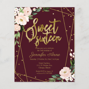 Budget Sweet 16 Einladung Gold Burgund Floral