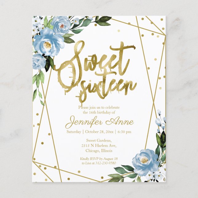 Budget Sweet 16 Einladung Gold Dusty Blue Floral (Vorderseite)