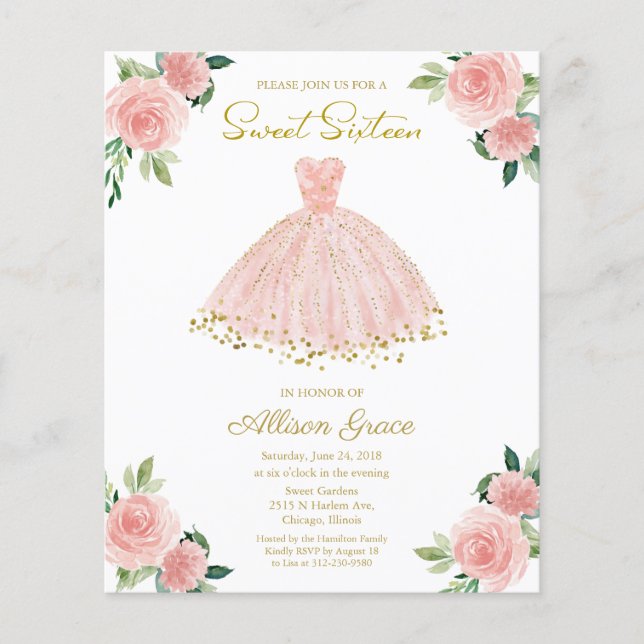Budget Sweet 16 Einladung Gold Pink Blush Gown (Vorderseite)