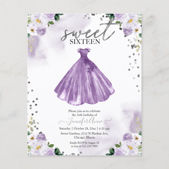 Budget Sweet 16 Einladung Lila Blumenkleid (Vorderseite)