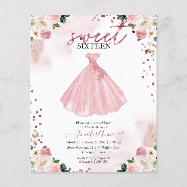 Budget Sweet 16 Einladung Rose Gold Blumenkleid (Vorderseite)